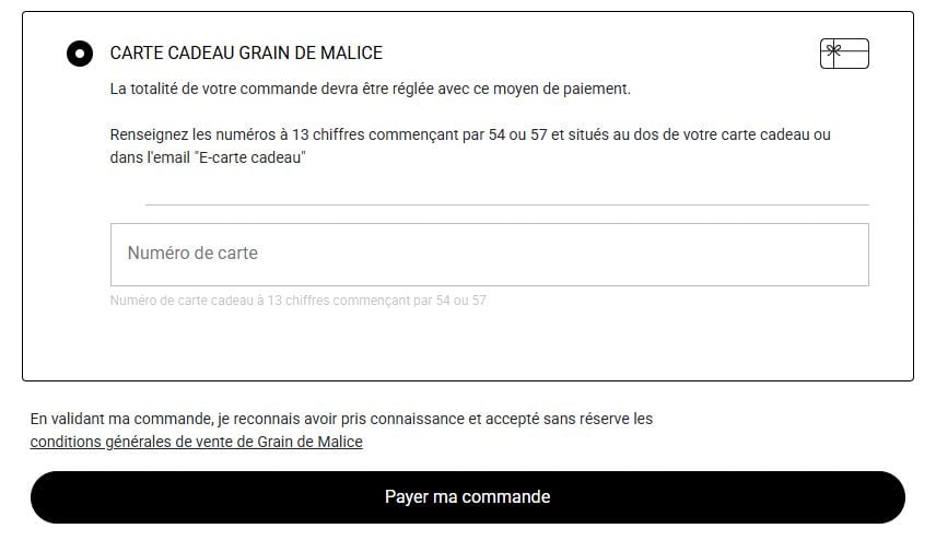 Mode de paiement Carte cadeau dans la page paiement