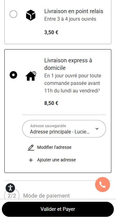 Choix de la livraison express lors de l'étape livraison